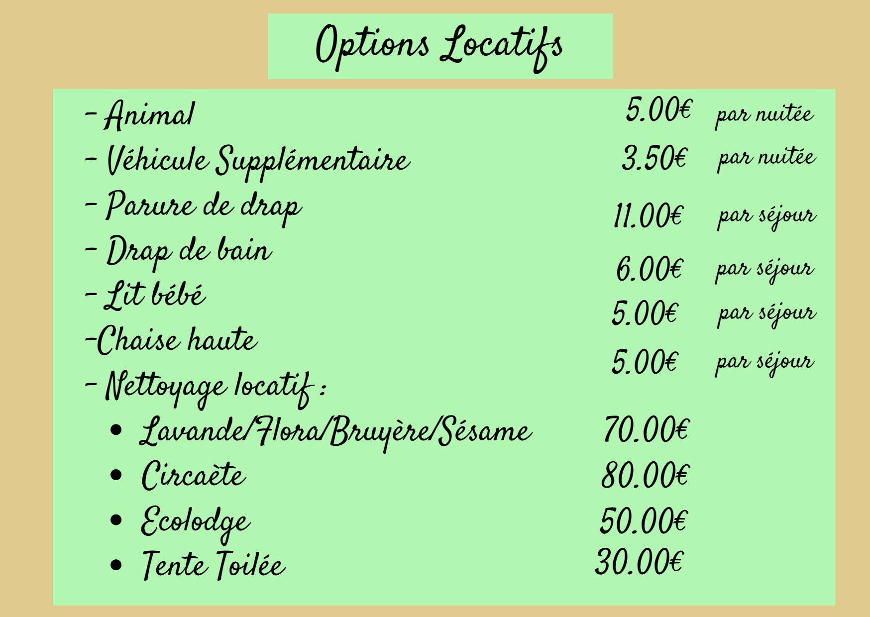 Tarifs Options Locatifs 2023