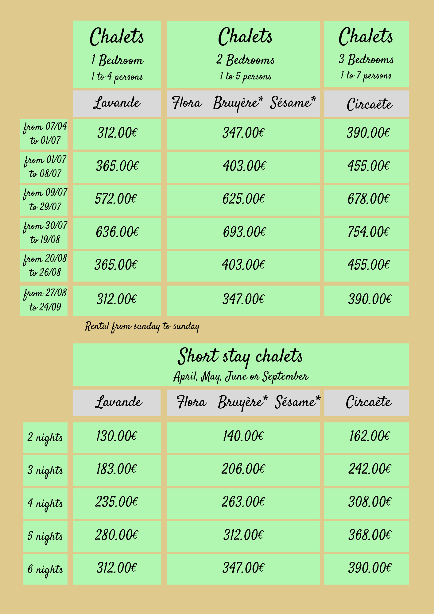 Tarifs chalets 2023 ang